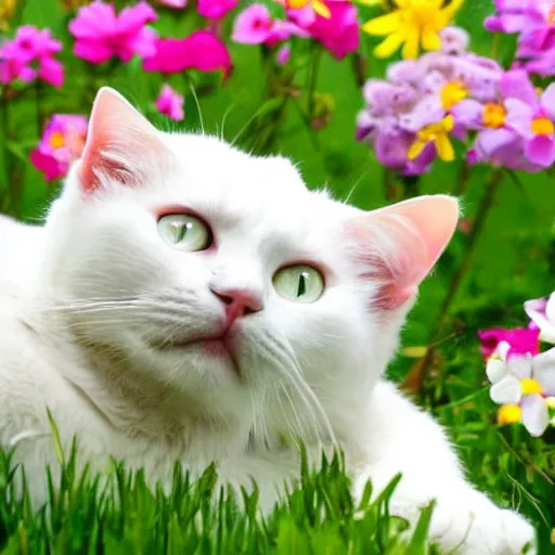 Image similar to a photo of a white cat laying on his back surrounded by flowers.