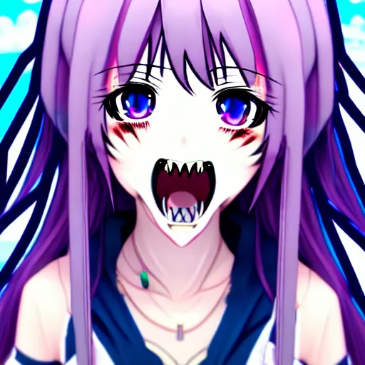 Image similar to gawr gura, 1 girl, virtual youtuber, hood, animal hood, multicolored hair, solo, blue eyes, sharp teeth, teeth, white background, safe