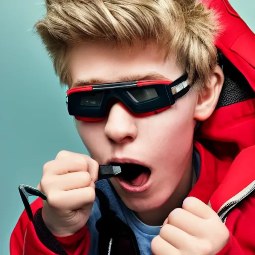 Image similar to a blonde teenager, goggles, red jacket, knife in his mouth, knife in right hand, knife in his left hand, photorealistic, hd, high details, detailed portrait