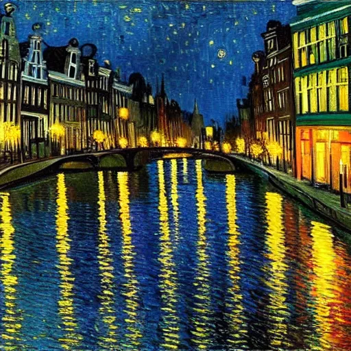 Image similar to amsterdam by night, oil on canvas by Van gogh