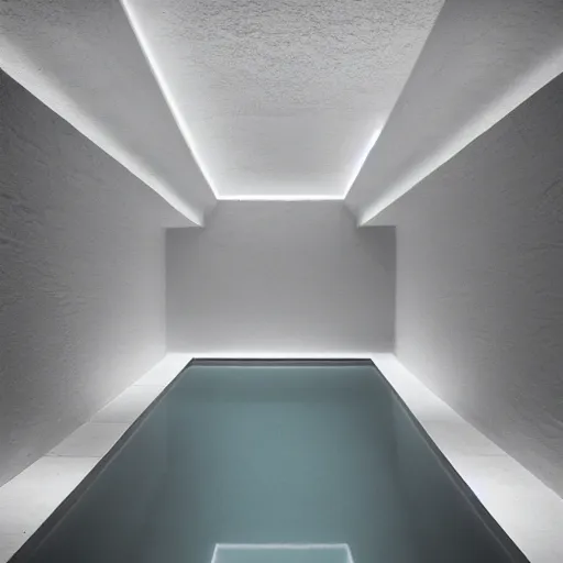 Image similar to a dimly lit underground pool made of white stone, surreal, liminal, eerie, minimalist, photo,