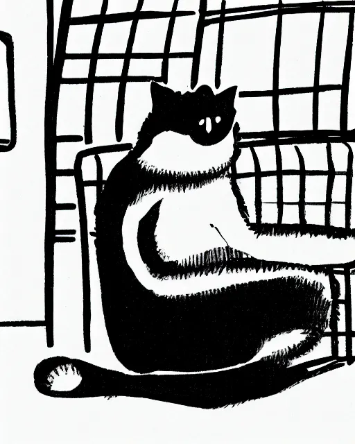 Image similar to a cat seated on the subway, cross-legged. White background. New Yorker cartoon. B&W. Black and white.