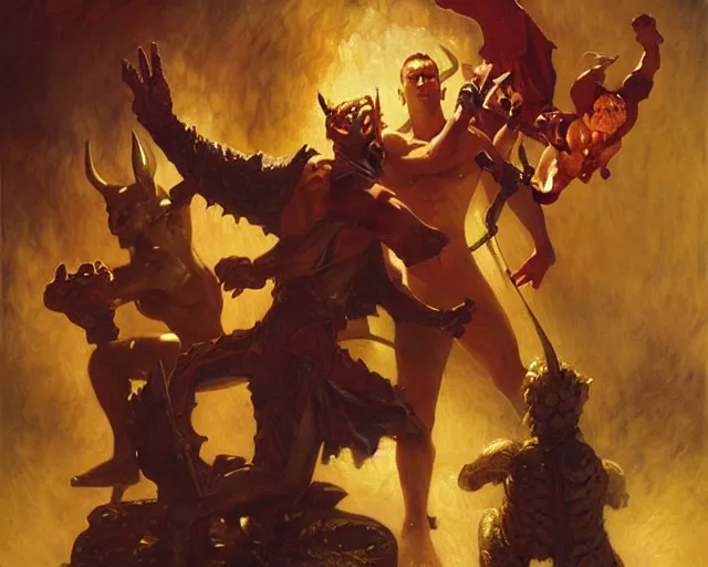 Image similar to heroic magician man, casting dark magic, summoning heroic devil. highly detailed painting by gaston bussiere, craig mullins, j. c. leyendecker, tom of finland