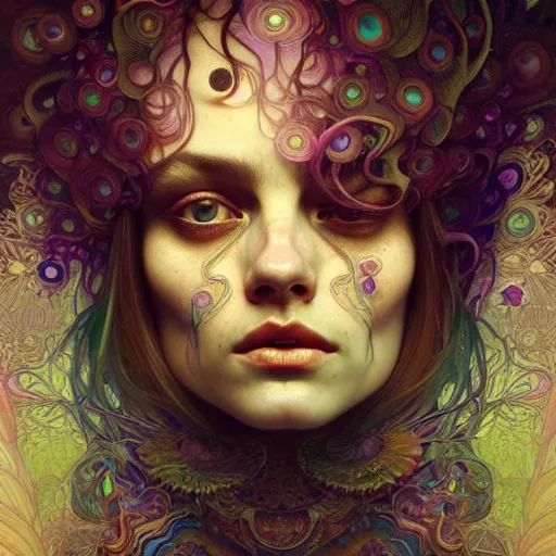 Prompt: An extremely psychedelic portrait, surreal, mushrooms, DMT, LSD, face, detailed, intricate, elegant, lithe, highly detailed, digital painting, artstation, concept art, smooth, sharp focus, illustration, art by Krenz Cushart and Artem Demura and alphonse mucha