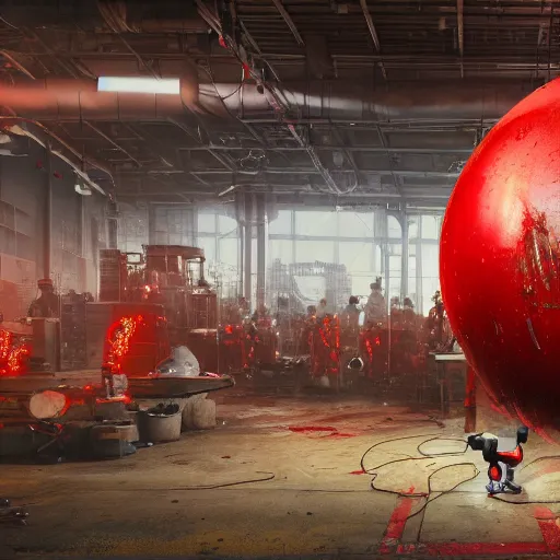 Prompt: a giant mickey mouse head, factory floor, surrounded by factory workers, octane render, cgstation, 3 d render, very detailed, mindblowing, blood and guts, gritty, cyberpunk, red and cinematic lighting, hyper realism