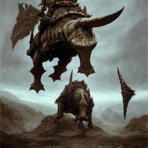 Image similar to triceratops rider in norse armor concept, beksinski