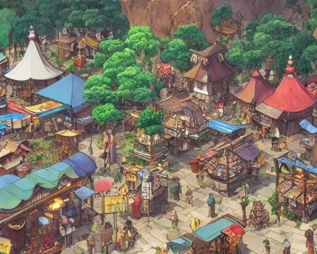 Image similar to busy fantasy village open square with some market stalls, studio ghibli style, hayao miyazaki, award winning photograph, highly detailed, artstation, hd wallpaper