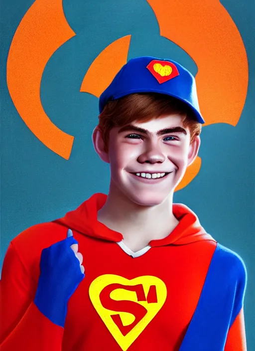 Image similar to friendly teenage archie andrews wearing an orange superhero costume with heart logo, heart, orange costume, blue cape, freckles, cape, heart emblem on chest, heart, blue cape, intricate, elegant, glowing lights, highly detailed, digital painting, artstation, sharp focus, illustration, art by wlop, mars ravelo and greg rutkowski