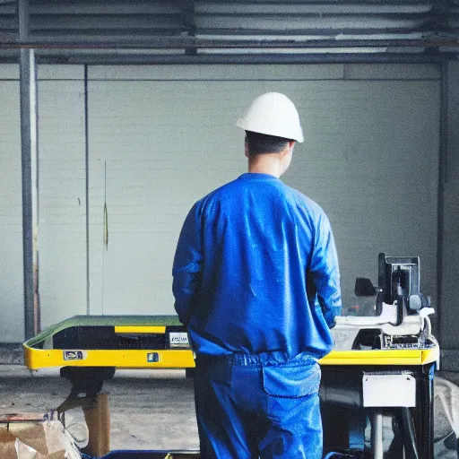 Image similar to a polaroid photo of man doing sort things into sort machines in warehouse, he's wearing blue cloth and construction hat,, photo from behind, highly details, perfect face shape, cinematic lighting,