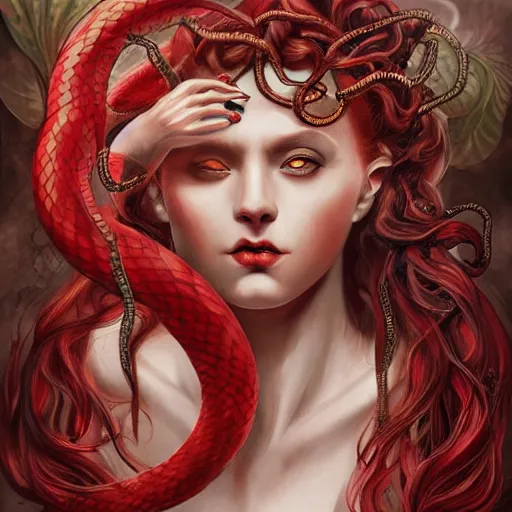 Prompt: realistic mythological greek medusa with red snakes on the head full body, by anna dittmann
