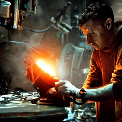 Image similar to augmented human repairing old imac, dark messy smoke - filled cluttered workshop, dark, dramatic lighting, orange tint, cinematic, highly detailed, sci - fi, futuristic, movie still from blade runner