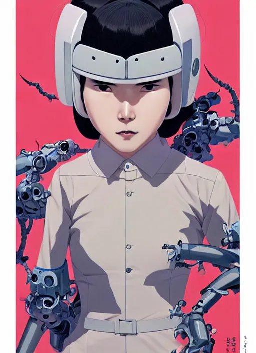 Prompt: Artwork by James Jean and Phil noto and hiyao Miyazaki ; a young Japanese future police lady named Yoshimi battles an evil natures carnivorous robot on the streets of Tokyo; Art work by hiyao Miyazaki, Phil noto and James Jean