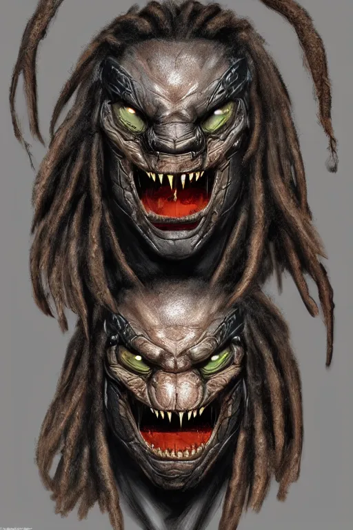 Image similar to predator 1 9 8 7 face redesign, portrait, highly detailed, dreadlocks, mandables, digital painting, trending on artstation, concept art, illustration