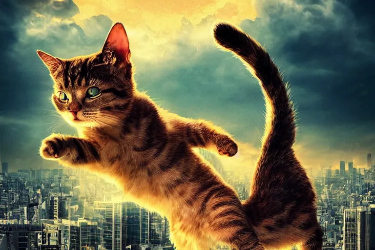 Image similar to cat attacking Tokyo, disaster movie poster, masterpiece, masterwork, cgstudio