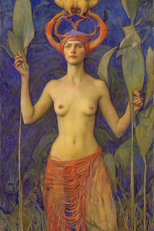 Image similar to queen of the plains with her harvest by Annie Swynnerton and Nicholas Roerich and jean delville, strong dramatic cinematic lighting , ornate headdress , flowing robes, lost civilizations, smooth, sharp focus, extremely detailed