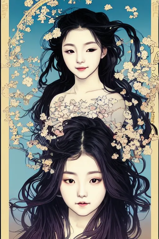 Prompt: beautiful young heroine portrait like twice tzuyu+happy+smoky eyes+front face with light flowing hair smiling, ultradetail face ,art and illustration by by tian zi and WLOP and alphonse mucha, great wave of hokusai, fantasy, acryllic spill, intricate complexity, chinese, goddess, holy, divine, rule of thirds, fantasy character concept, watermark, blurry, hyperrealism 8k