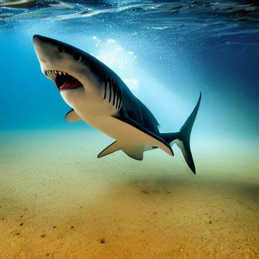Prompt: shark breaking the surface of the water, underwater photography with light scattering and water refractions, smooth