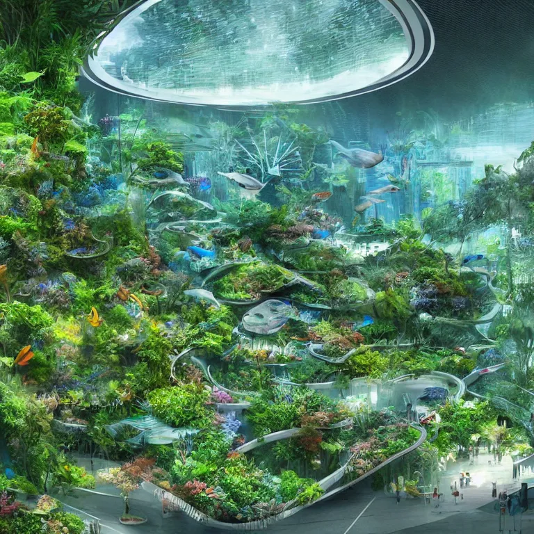 Prompt: Beautiful city of the future, overgrown with trees and plants. An aquarium. Beautiful artistic digital artwork by artist Lurid. (2022)