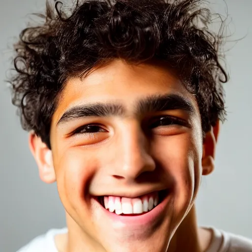 Prompt: close - up portrait photograph of a teenage latino male with big brown eyes, a long italian nose, a big smile, curly medium length black hair, highly detailed, anatomically correct features,