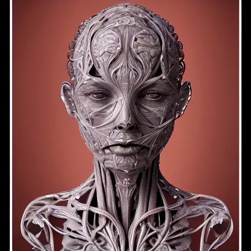 Prompt: beatifull frontal face portrait of a woman, 150 mm, anatomical, flesh, flowers, mandelbrot fractal, facial muscles, veins, arteries, symmetric, intricate, microscopic, elegant, highly detailed, ornate, ornament, sculpture, elegant , luxury, beautifully lit, ray trace, octane render in the style of peter Gric and alex grey