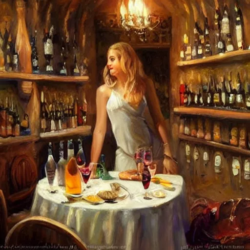 Prompt: wine cellar full of food, torches on the wall, schnapps, romantic, inviting, cozy, blonde woman, painting Vladimir Volegov