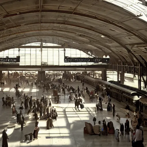 Prompt: an cavernous and expansive train terminal, sun rays coming in through windows, smoky and dusty air, people in a train station, photograph by hal morey, featured on cg society, light and space, volumetric lighting, matte drawing, global illumination