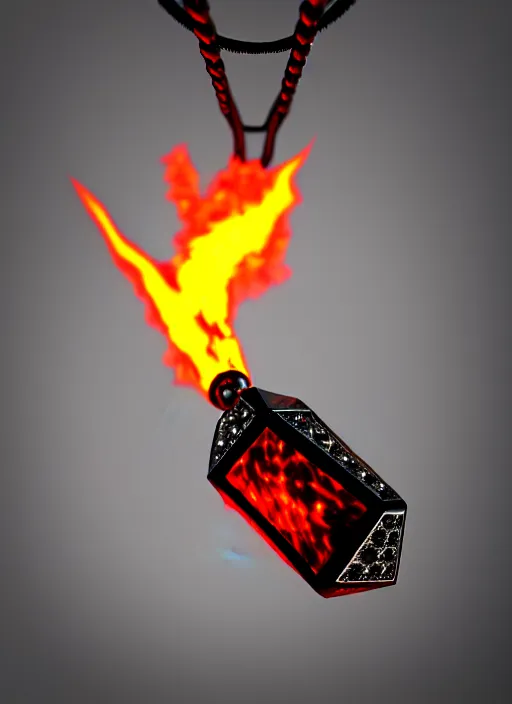 Image similar to rpg item, a black necklace with a bright red diamond in flames, Unreal 5, DAZ, hyperrealistic, rpg style, octane render, dynamic lighting