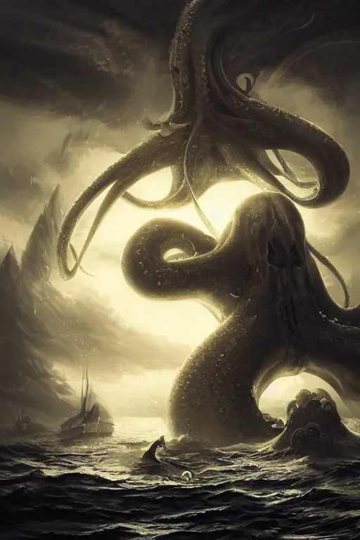 Image similar to gigantic squid-Kraken destroying a boat, lovecraftian creature, dramatic lighting, cinematic, establishing shot, extremly high detail, foto realistic, cinematic lighting, post processed, concept art, artstation, matte painting, style by eddie mendoza, raphael lacoste, alex ross