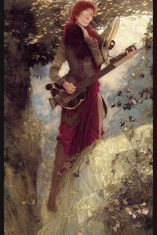 Prompt: a female bard by Edgar Maxence and Ross Tran and Michael Whelan