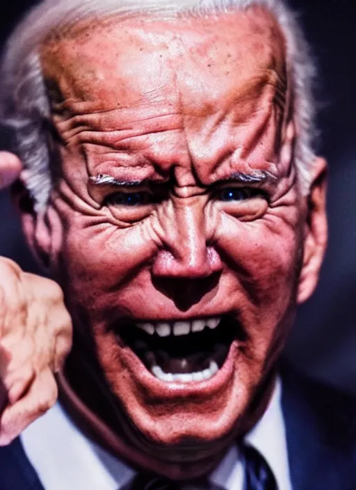 Image similar to hyper realistic terror photo Doom horror furious glowing red eyes biden