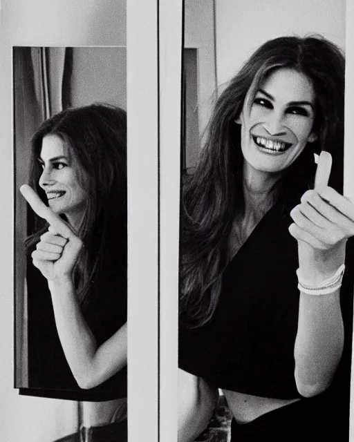 Image similar to cindy crawford looking at the mirror and seeing julia roberts in the reflection, 1970s