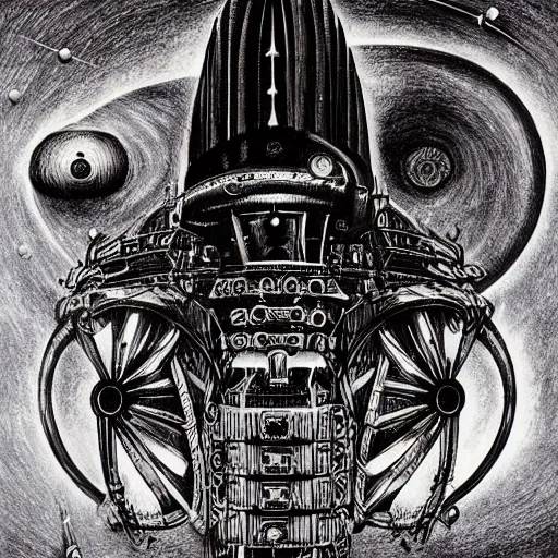 Image similar to atompunk space ship sailing the infinite cosmos, grand scale, raygun gothic style, astrophysics, mathematical drawing, painting by h. r. giger