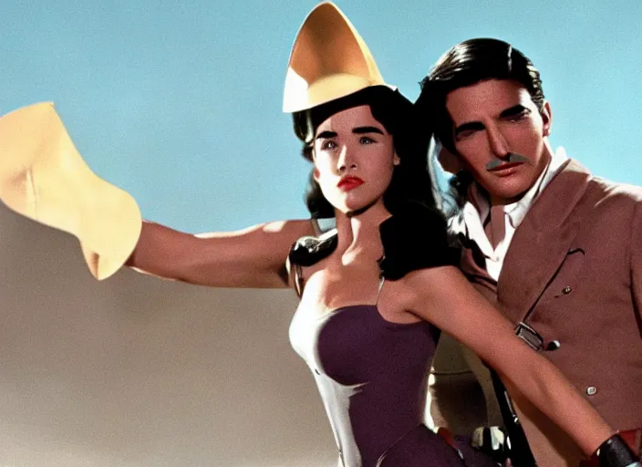 Prompt: a color movie still from the modern film the rocketeer featuring young jennifer connelly in her role as jenny blake