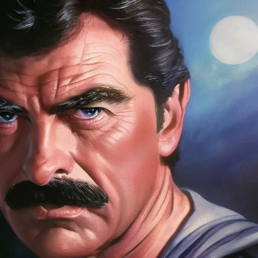 Prompt: ultra realistic head and shoulders portrait painting of tom selleck as cal kestis in star wars jedi fallen order, art by frank frazetta, 4 k, ultra realistic, highly detailed, epic lighting