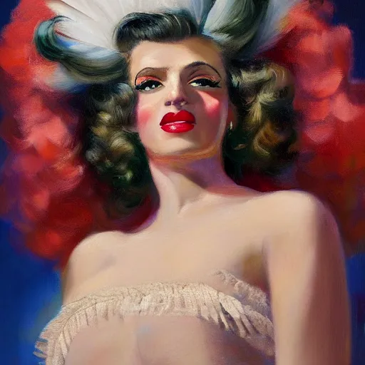 Image similar to texas showgirl, big hair, feathers, 1 9 4 0 s, oil painting, pale colors, high detail, 8 k, wide angle, trending on artstation