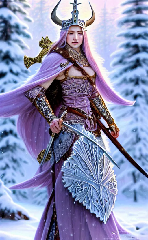 Image similar to kunzite viking warrior, regal, elegant, winter, snow, beautiful, stunning, hd, illustration, epic, d & d, fantasy, intricate, elegant, highly detailed, wide angle, digital painting, artstation, concept art, smooth, sharp focus, illustration, wallpaper, art by artgerm and greg rutkowski and alphonse mucha and jin xiaodi