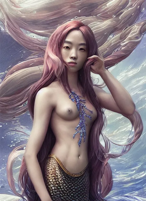 Prompt: full length photo of Justin Sun as a mermaid in the style of stefan kostic, full slim body, hyper realistic, sharp focus, 8k high definition, insanely detailed, intricate, elegant, art by stanley lau and artgerm