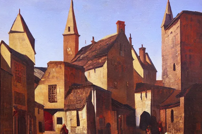 Prompt: middle ages town, oil painting, oil in canvas, brushstrokes