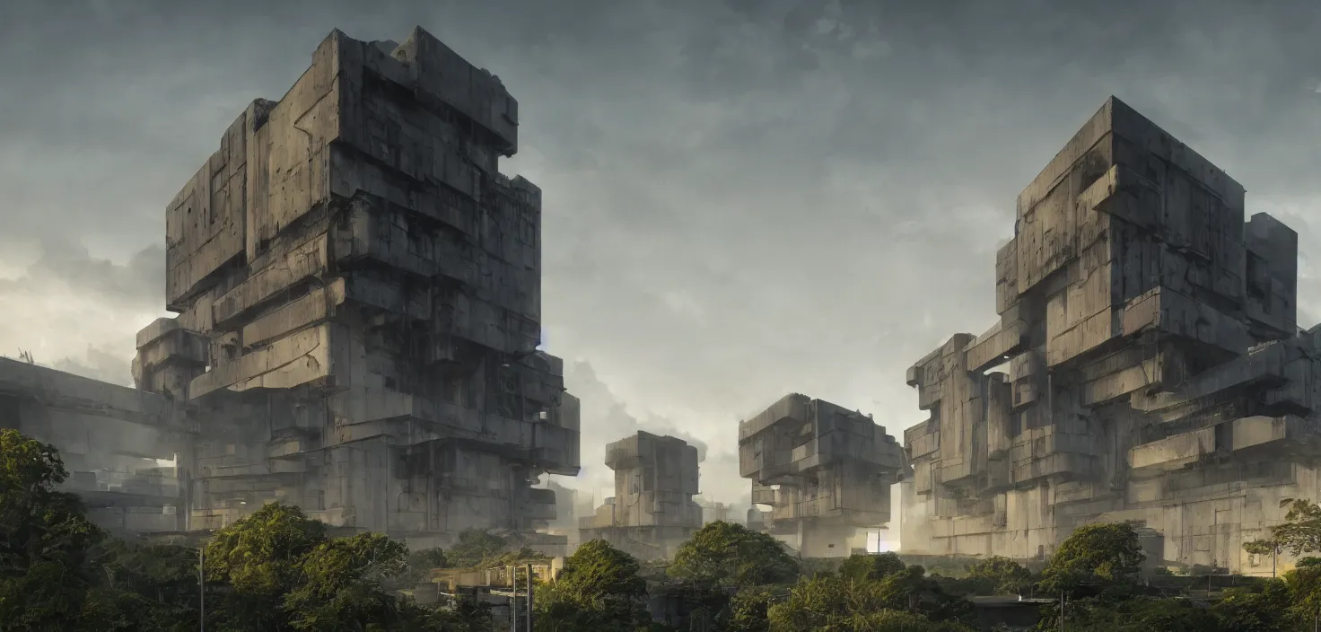 Image similar to brutalist architecture, surrounded by lush green vegetation, stunning volumetric lighting, sunset, metal, concrete, translucent material, stunning skies, 8k, photorealistic, hyper detailed, unreal engine 5, IMAX quality, cinematic, epic lighting, digital painting in the style of DOOM, by Greg Rutkowski, trending on Artstation