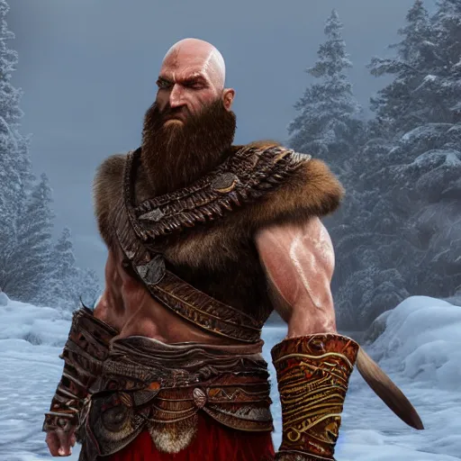 Prompt: highly detailed concept art golden god of war kratos beard strong viking old golden armor in snow walking 8 k, unreal engine 5