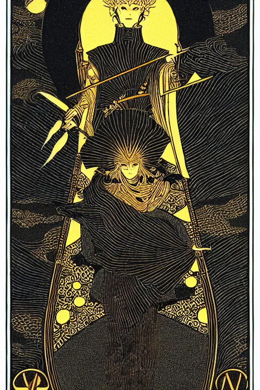 Image similar to highly-detailed vector image of a tarot card by takato yamamoto. natural light, light leaks. 8K HD wallpaper. Black 2.0, metallic gold, metallic silver color scheme.