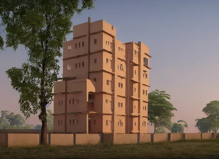 Image similar to low - cost housing designed by architect b v doshi, contemporary indian architecture style ; realistic, detailed, cel shaded, in the style of makoto shinkai and greg rutkowski and james gurney ; wide angle view 1 4 mm lens f 2 2 ; evermotion archexterior, v ray unreal engine ; hdr lighting, ray traced, vue render