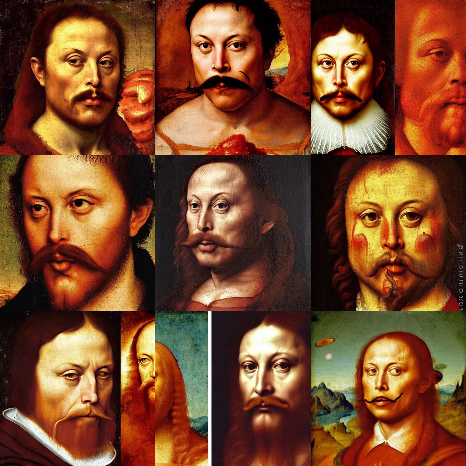 Prompt: a beautiful renaissance portrait of angry elon musk with a mustache covered in tomato sauce and pasta. by leonardo da vinci, by raphael, by michelangelo. trending on artstation