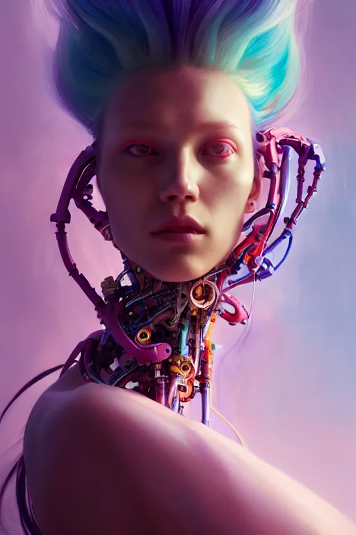 Image similar to a half body image of a beautiful young 28th century super cool post-human female wiht long colorful hair, barely human and largely biomechanical machine, hyper-realistic cyberpunk style, Peter Mohrbacher Takayuki Takeya moody, face by Yanjun Cheng, Irakli Nadar, dramatic cinematic lighting rendered by octane, 8k, detailed, intricate, clean and textures, trending on artstation, deviantart google images, pinterest