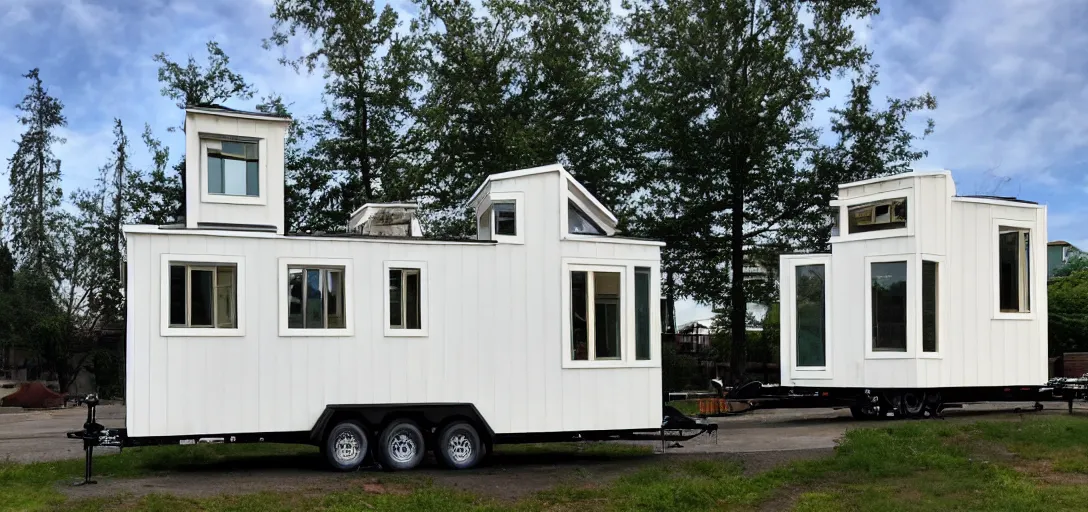 Prompt: mughal - style white ivory tiny home on trailer with minarets in portland, oregon