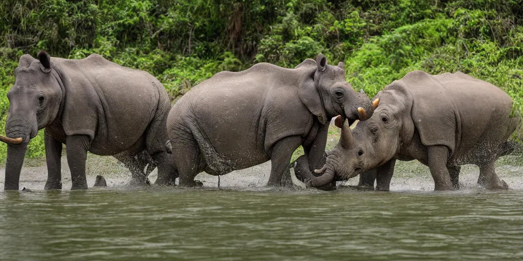 Image similar to a hippo with a rhino's horn and an elephant's trunk, in a river in the jungle, extremely high fidelity, natural lighting