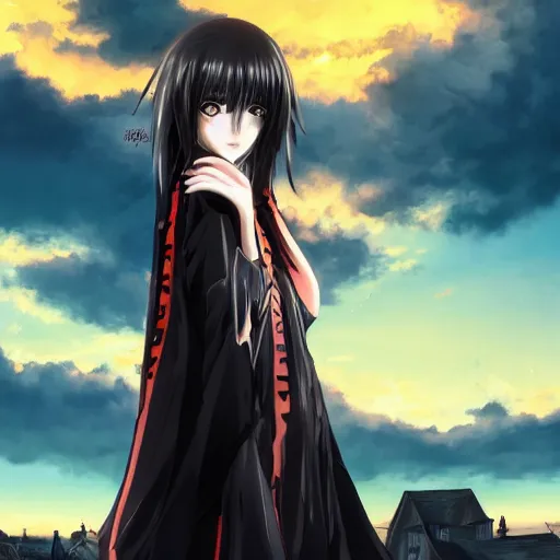 Prompt: 1 7 - year - old anime goth girl, black hair, long bob cut, long bangs, gothic coat, golden hour, partly cloudy sky, red clouds, orange sky, old town, strong lighting, strong shadows, vivid hues, ultra - realistic, sharp details, subsurface scattering, intricate details, hd anime, 2 0 1 9 anime
