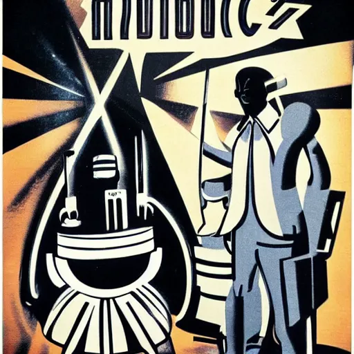 Prompt: futuristic atompunk robot dj at a techno music club, soviet propaganda poster art