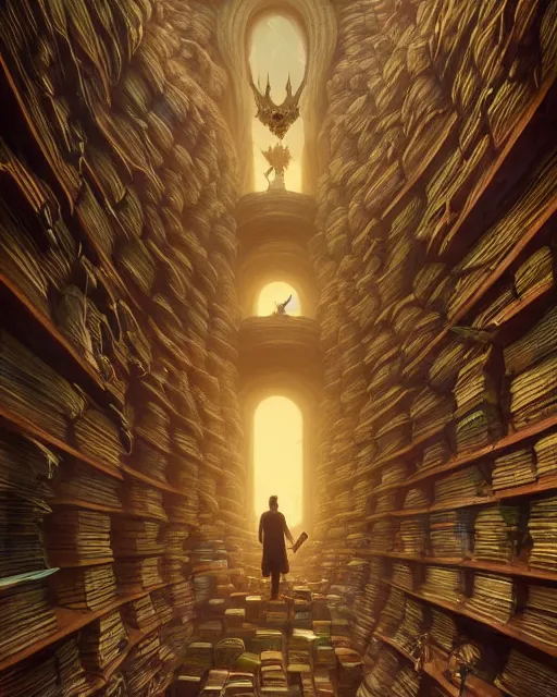 Image similar to highly detailed surreal vfx portrait of a boss monster in a catacomb of books, stephen bliss, unreal engine, greg rutkowski, loish, rhads, beeple, makoto shinkai and lois van baarle, ilya kuvshinov, rossdraws, tom bagshaw, alphonse mucha, global illumination, detailed and intricate environment