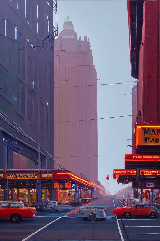 Image similar to Market Street, San Francisco; oil on canvas by Klaus Bürgle and Imperial Boy and Simon Stålenhag;